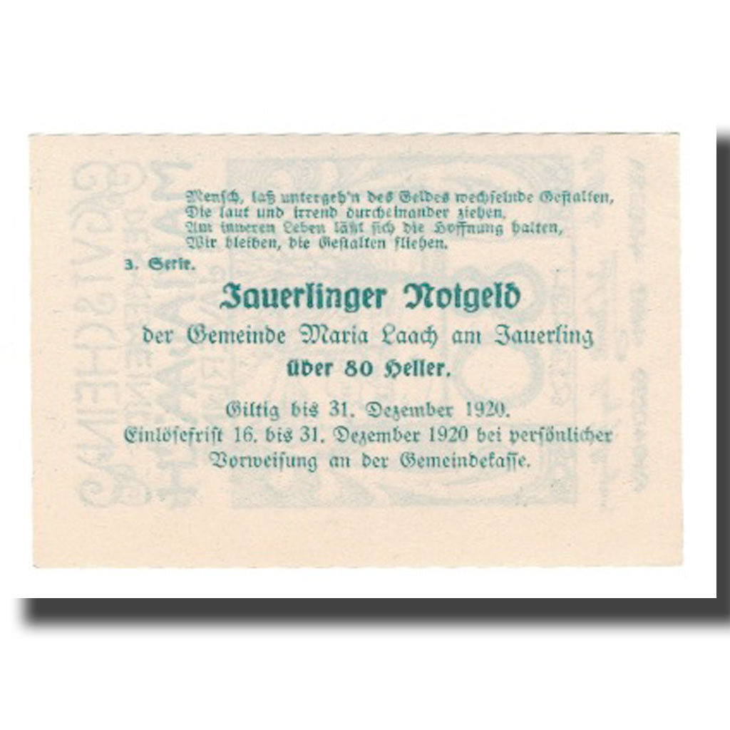 Banknot, Austria, Maria-Laach am Jauerling Gemeinde, 80 Heller, Texte  5, 1920