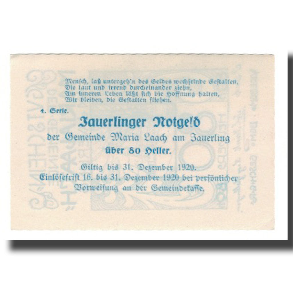 Banknote, Austria, Maria-Laach am Jauerling Gemeinde, 80 Heller, Texte 6, 1920
