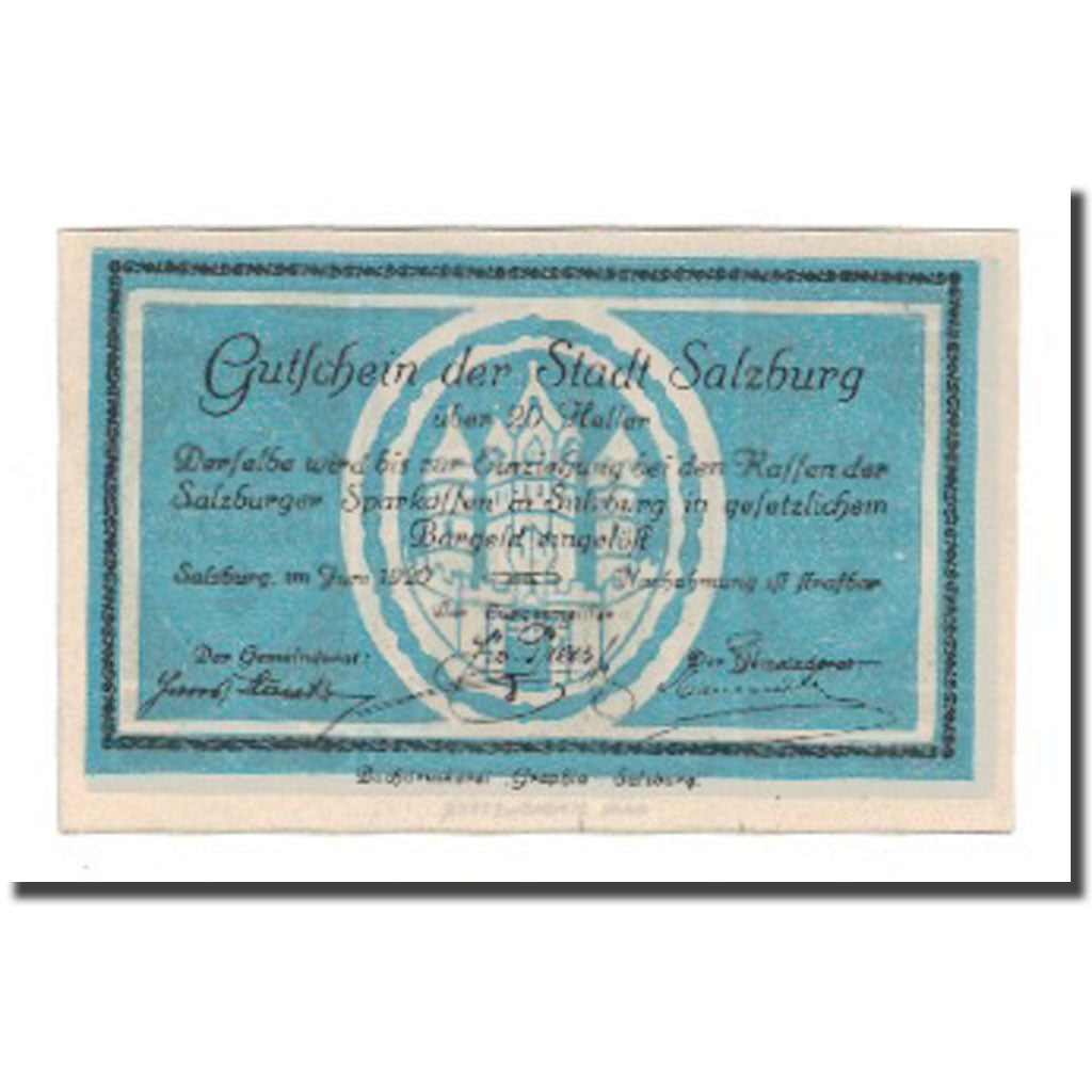 Banknote, Austria, Salzburg Sbg. Stadt, 20 Heller, Batiment, 1920, AU(55-58)