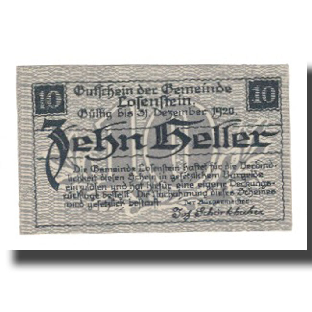Geldschein, Österreich, Losenstein O.Ö. Gemeinde, 10 Heller, Blason, 1920