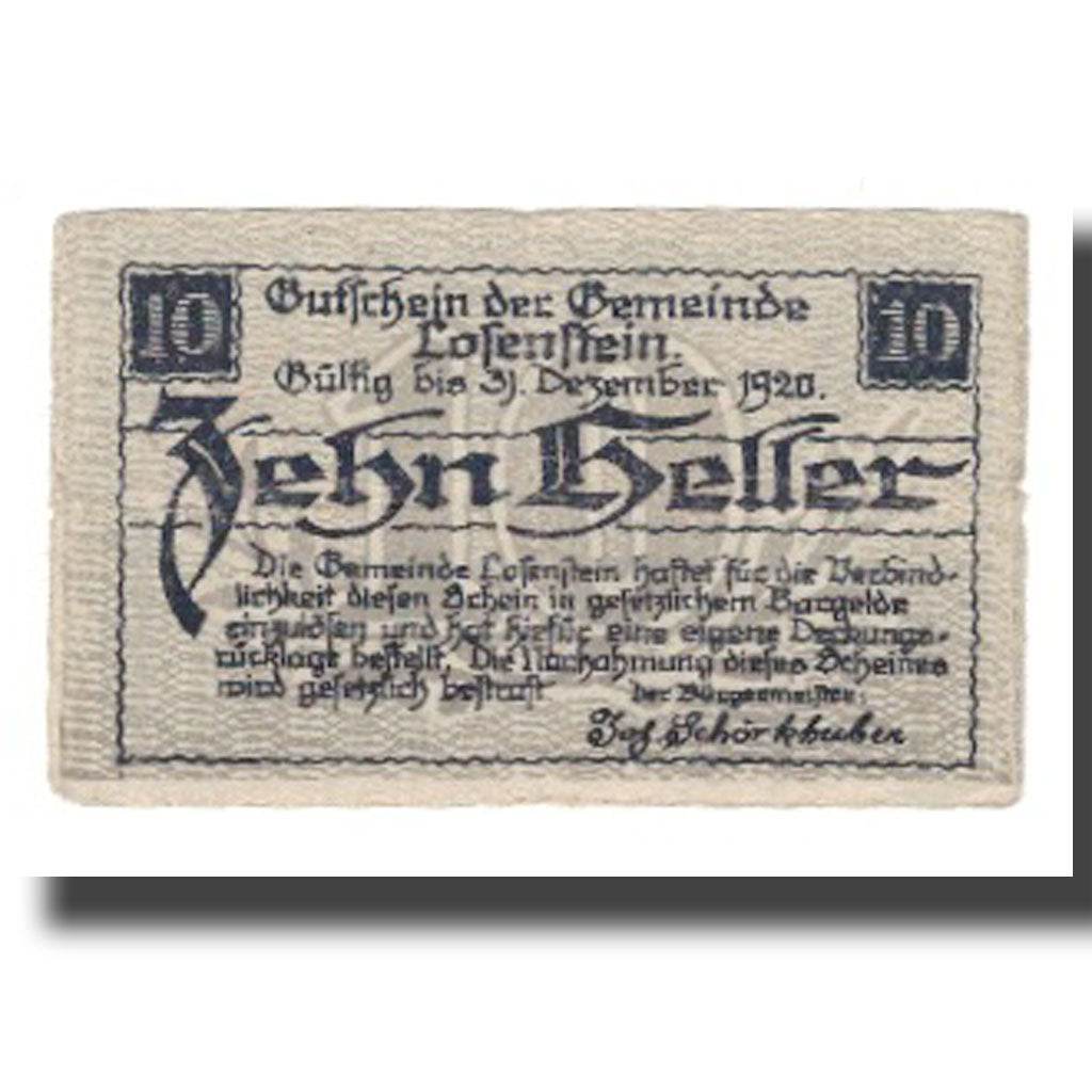 Banknot, Austria, Losenstein O.Ö. Gemeinde, 10 Heller, Eglise, 1920