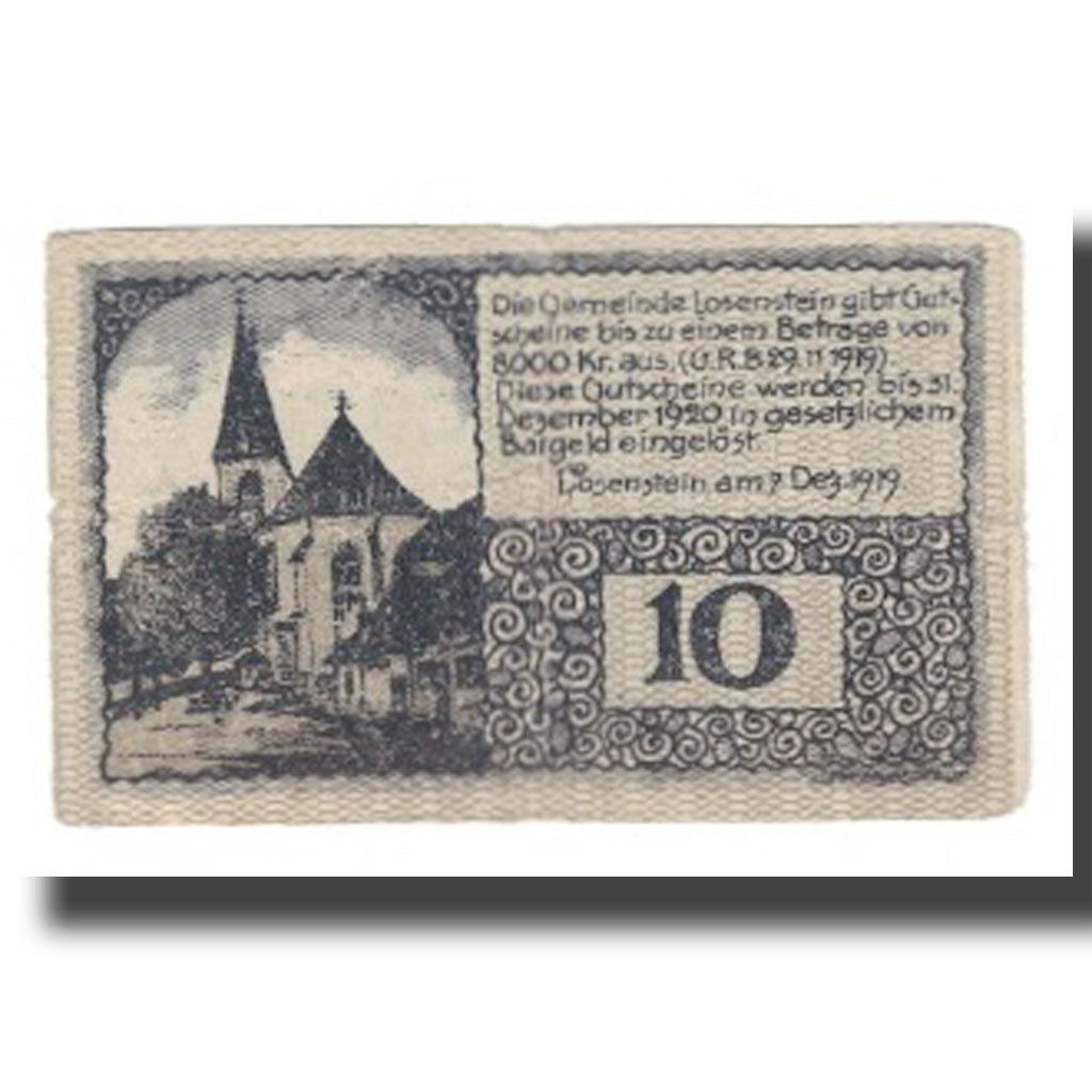 Banknot, Austria, Losenstein O.Ö. Gemeinde, 10 Heller, Eglise, 1920