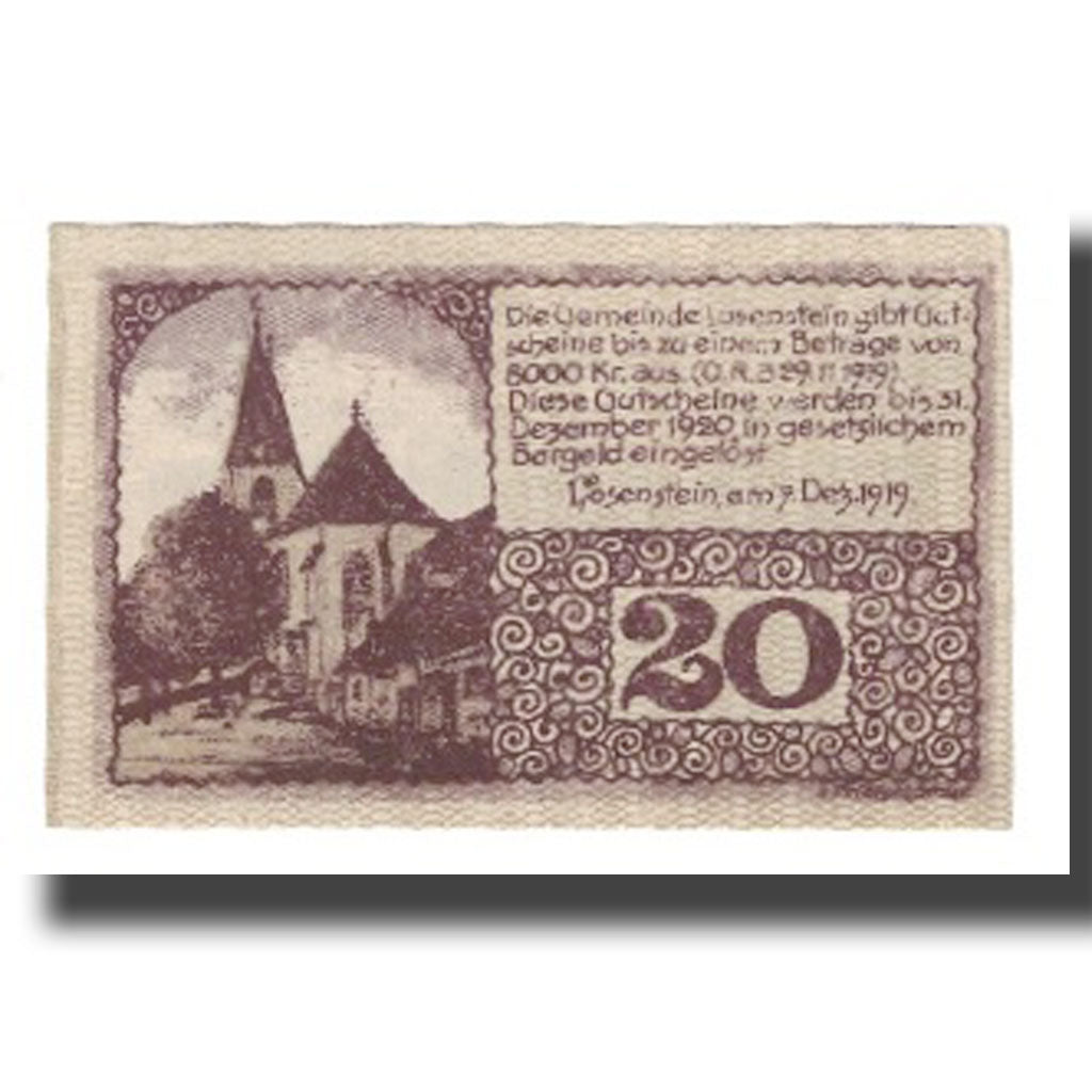 Banknot, Austria, Losenstein O.Ö. Gemeinde, 20 Heller, Eglise 1, 1920