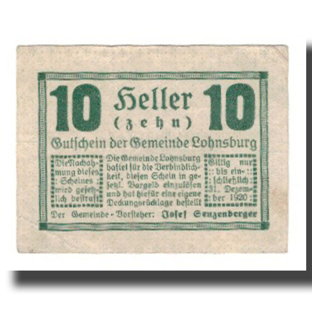 Geldschein, Österreich, Lohnsburg O.Ö. Gemeinde, 10 Heller, N.D, 1920