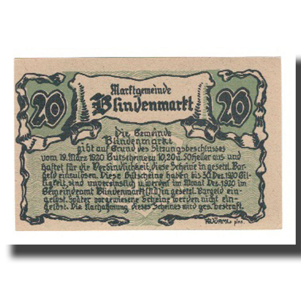 Geldschein, Österreich, Blindenmarkt N.Ö. Gemeinde, 20 Heller, Texte, 1920