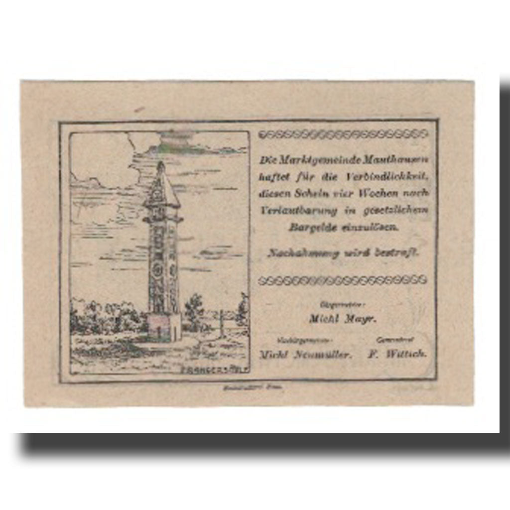 Banknot, Austria, Mauthausen O.Ö. Marktgemeinde, 10 Heller, Monument, Undated