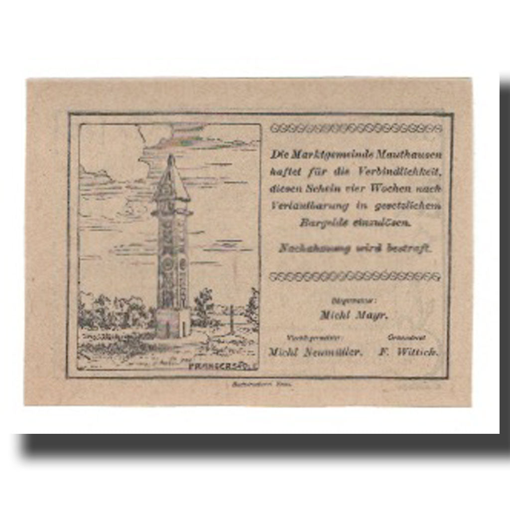 Geldschein, Österreich, Mauthausen O.Ö. Marktgemeinde, 10 Heller, monument 1