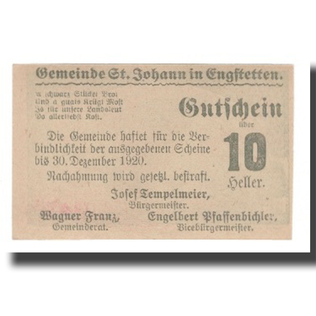 Banknot, Austria, St. Johann in Engstetten N.Ö. Gemeinde, 10 Heller, Texte