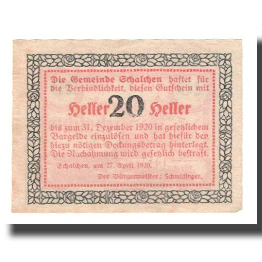Banknot, Austria, Schalchen O.Ö. Gemeinde, 20 Heller, Texte, 1920, 1920-12-31