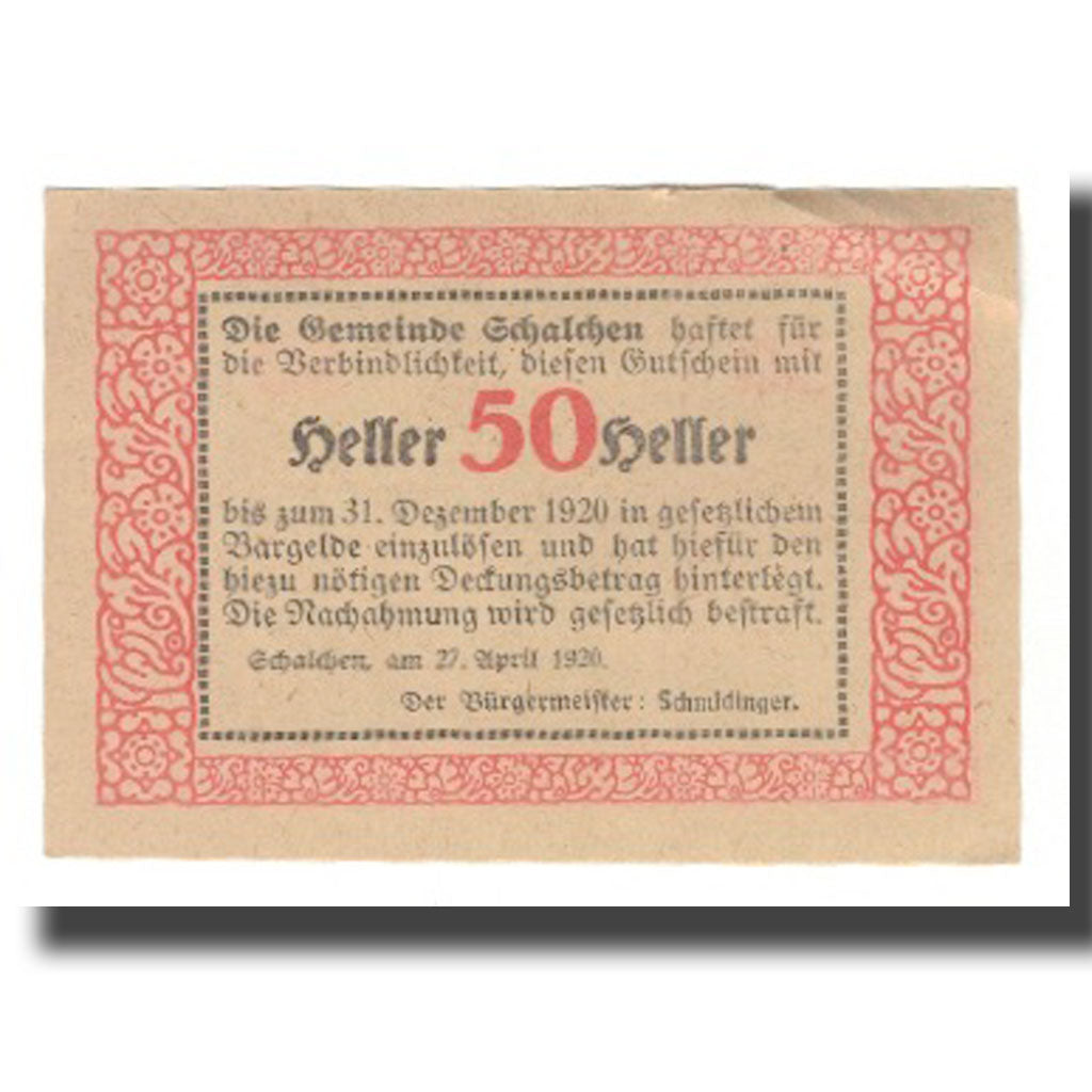 Banknot, Austria, Schalchen O.Ö. Gemeinde, 50 Heller, Texte, 1920, 1920-12-31