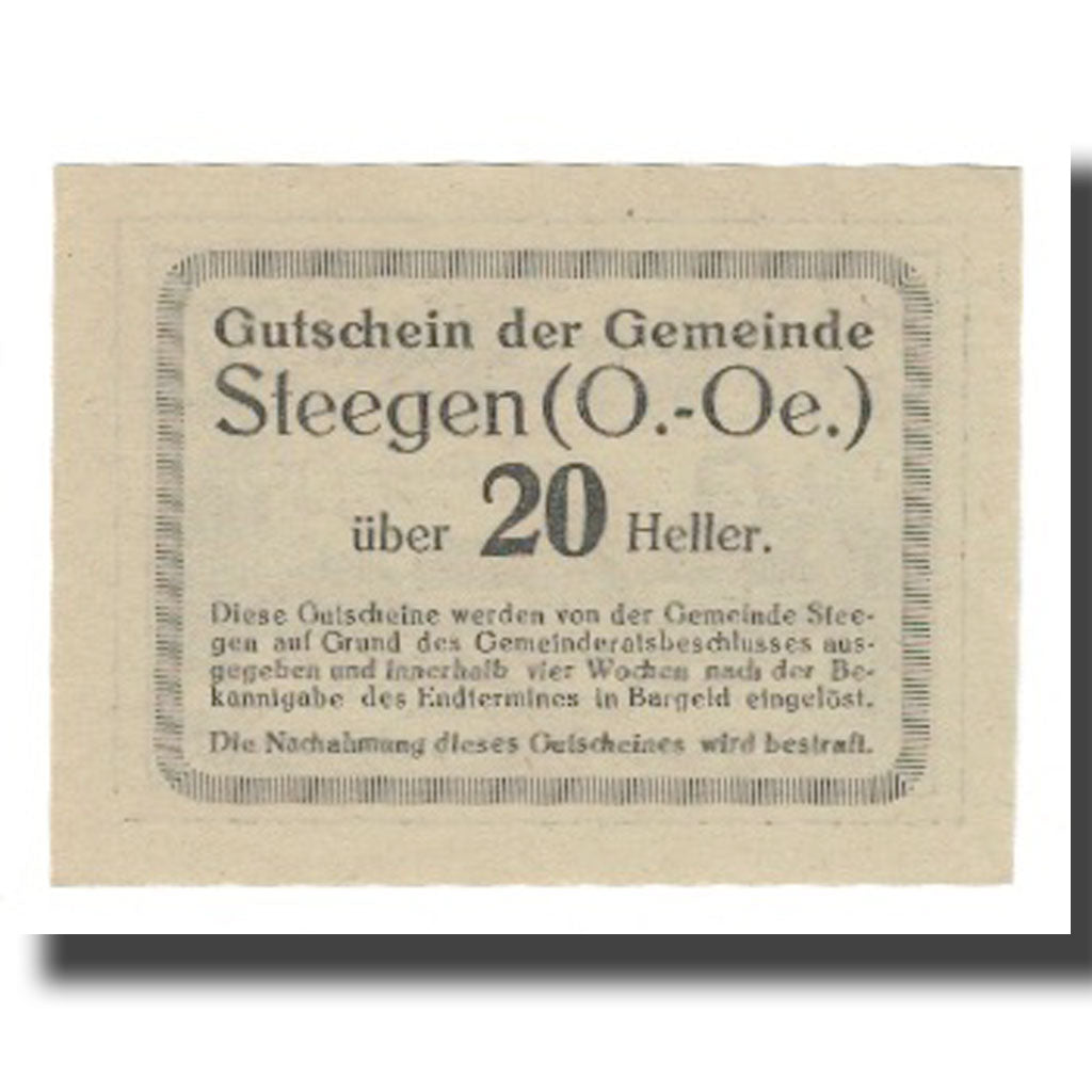 Banknote, Austria, Steegen O.Ö. Gemeinde, 20 Heller, Texte, 1920, 1920-06-22