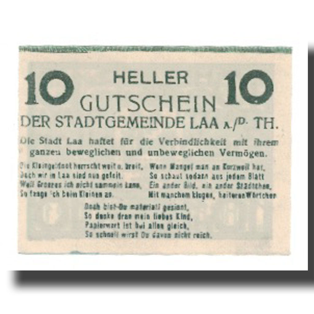 Banknote, Austria, Laa An Der Thaya, Stadtgemeinde, 10 Heller, Texte, 1920
