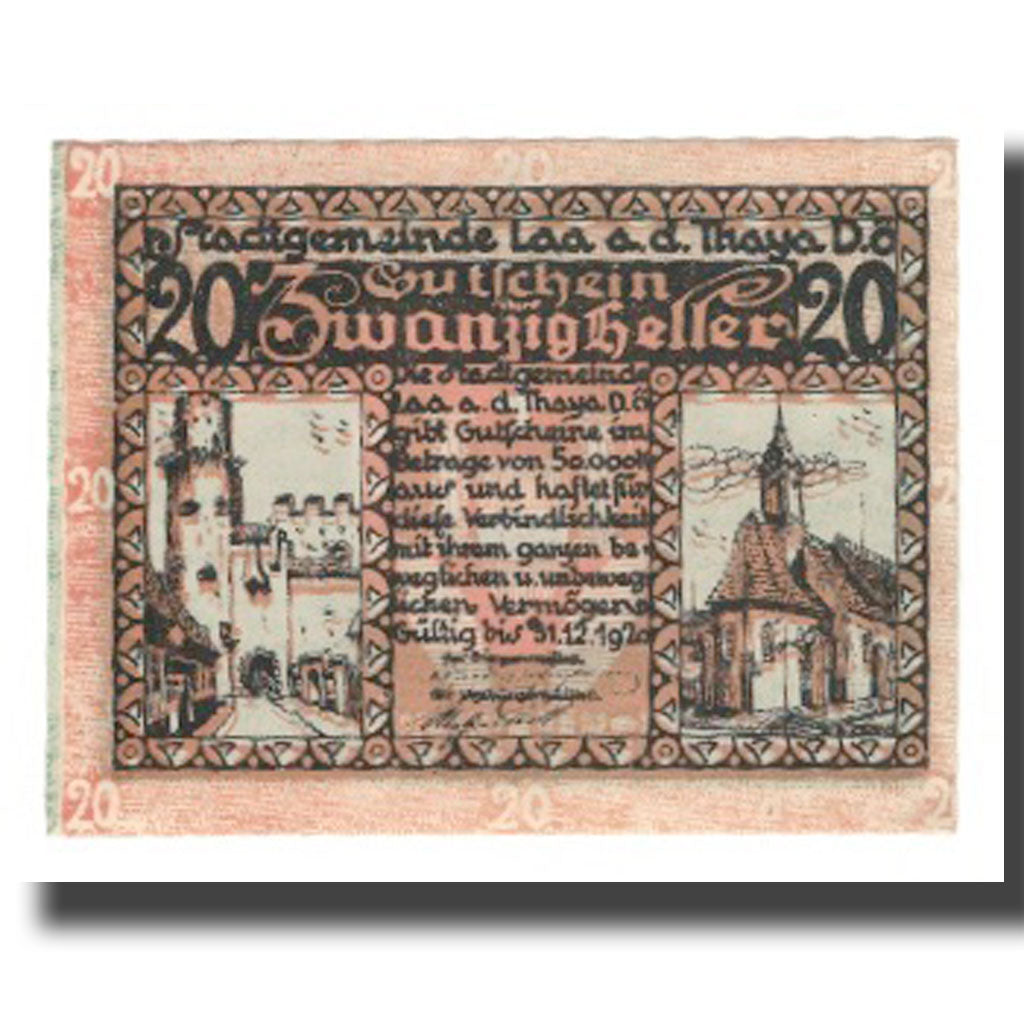 Banknote, Austria, Laa An Der Thaya, Stadtgemeinde, 20 Heller, Texte 2, 1920