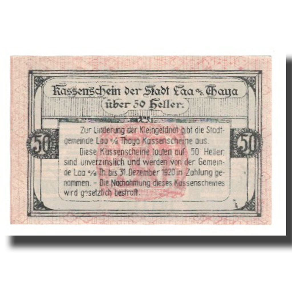 Banknote, Austria, Laa An Der Thaya, Stadtgemeinde, 50 Heller, Texte 3, 1920