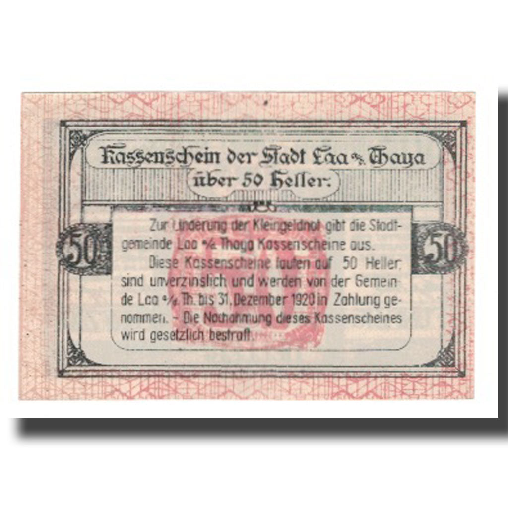 Banknote, Austria, Laa An Der Thaya, Stadtgemeinde, 50 Heller, Texte 4, 1920
