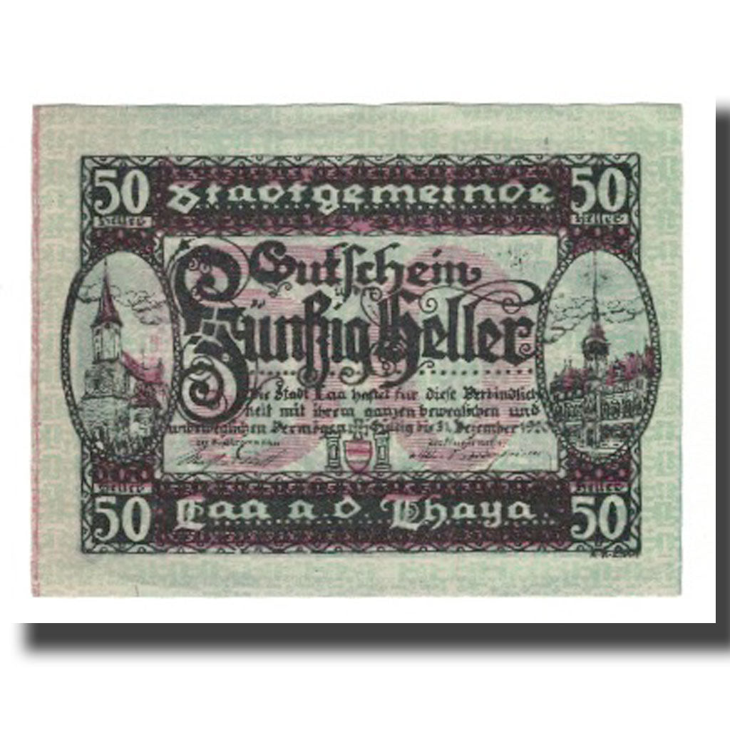 Banknot, Austria, Laa An Der Thaya, Stadtgemeinde, 50 Heller, Blason, 1920