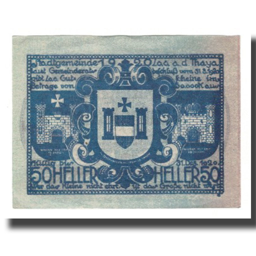 Banknot, Austria, Laa An Der Thaya, Stadtgemeinde, 50 Heller, Blason, 1920