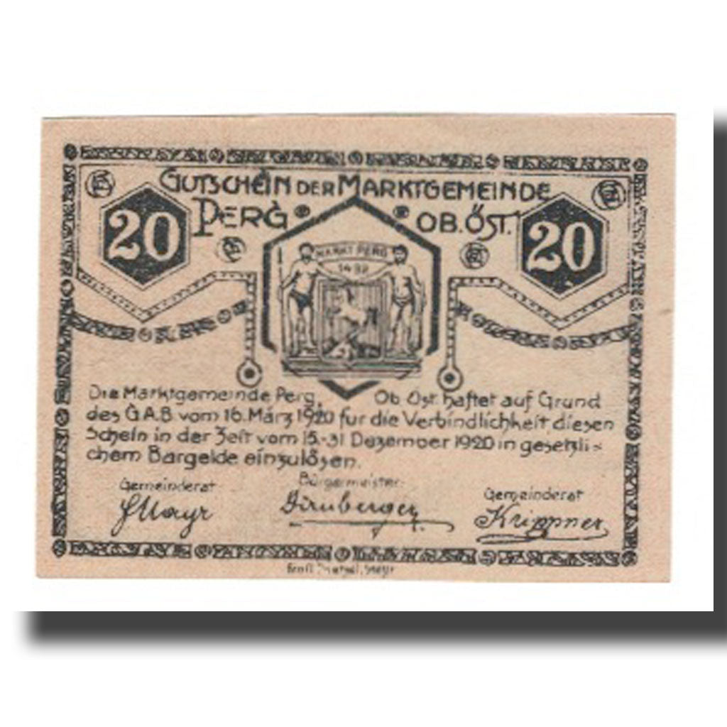Geldschein, Österreich, Perg O.Ö. Marktgemeinde, 20 Heller, Texte, 1920