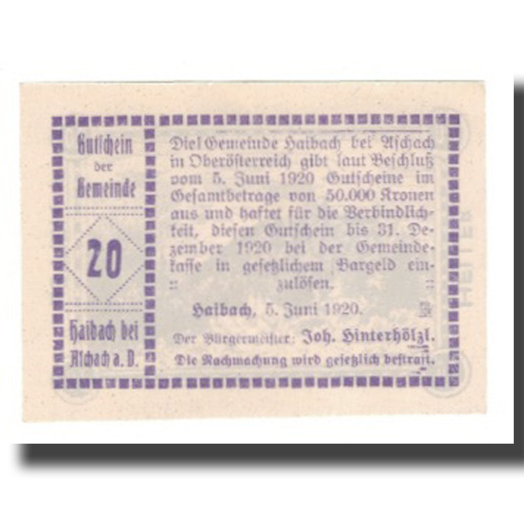 Banknot, Austria, Haibach Bei Aschach a.d. O.Ö. Gemeinde, 20 Heller, Texte
