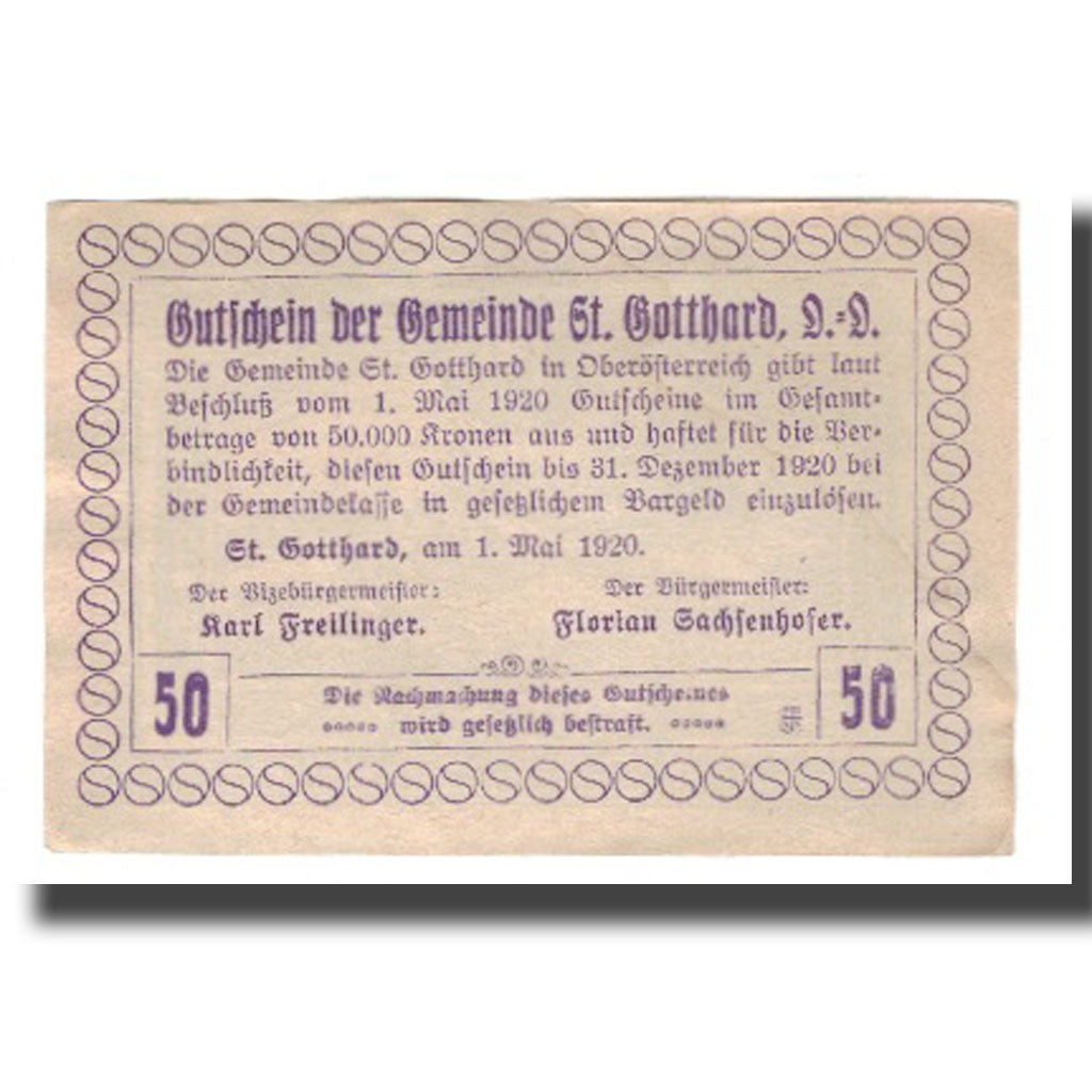 Banknot, Austria, St. Gotthard O.Ö. Gemeinde, 50 Heller, Texte, 1920