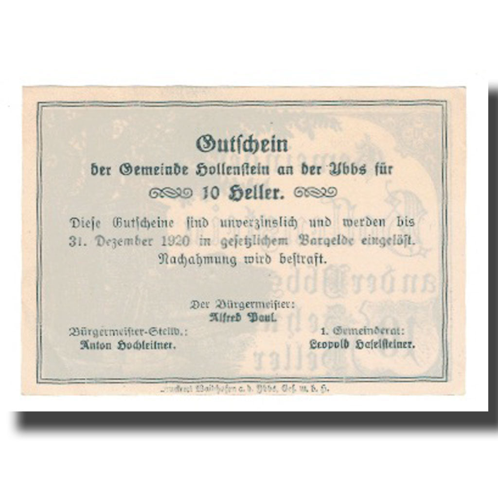 Banknot, Austria, Hollenstein N.Ö. Gemeinde, 10 Heller, Texte, 1920