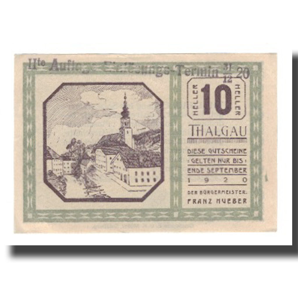 Banknot, Austria, Thalgau Sbg. Gemeinde, 10 Heller, Texte, 1920, 1920-09-30