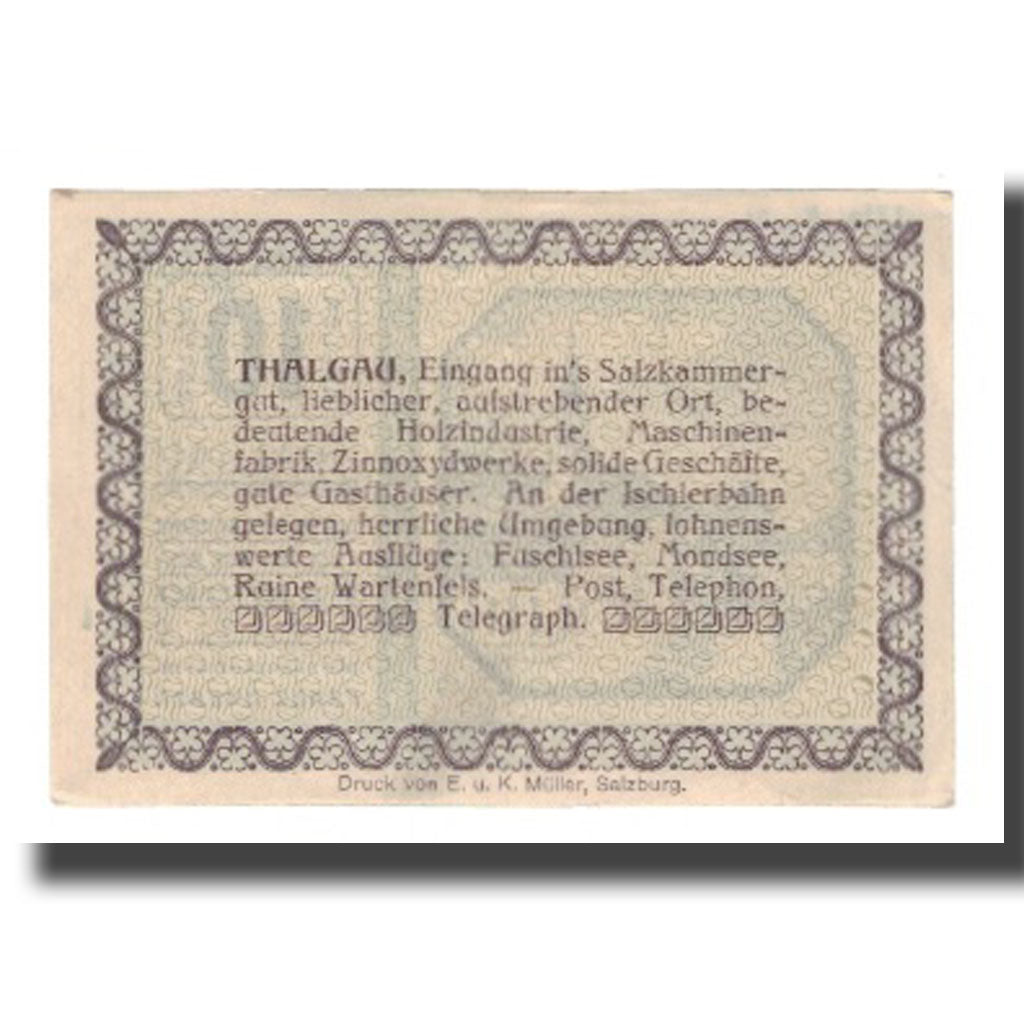 Banknot, Austria, Thalgau Sbg. Gemeinde, 10 Heller, Texte, 1920, 1920-09-30