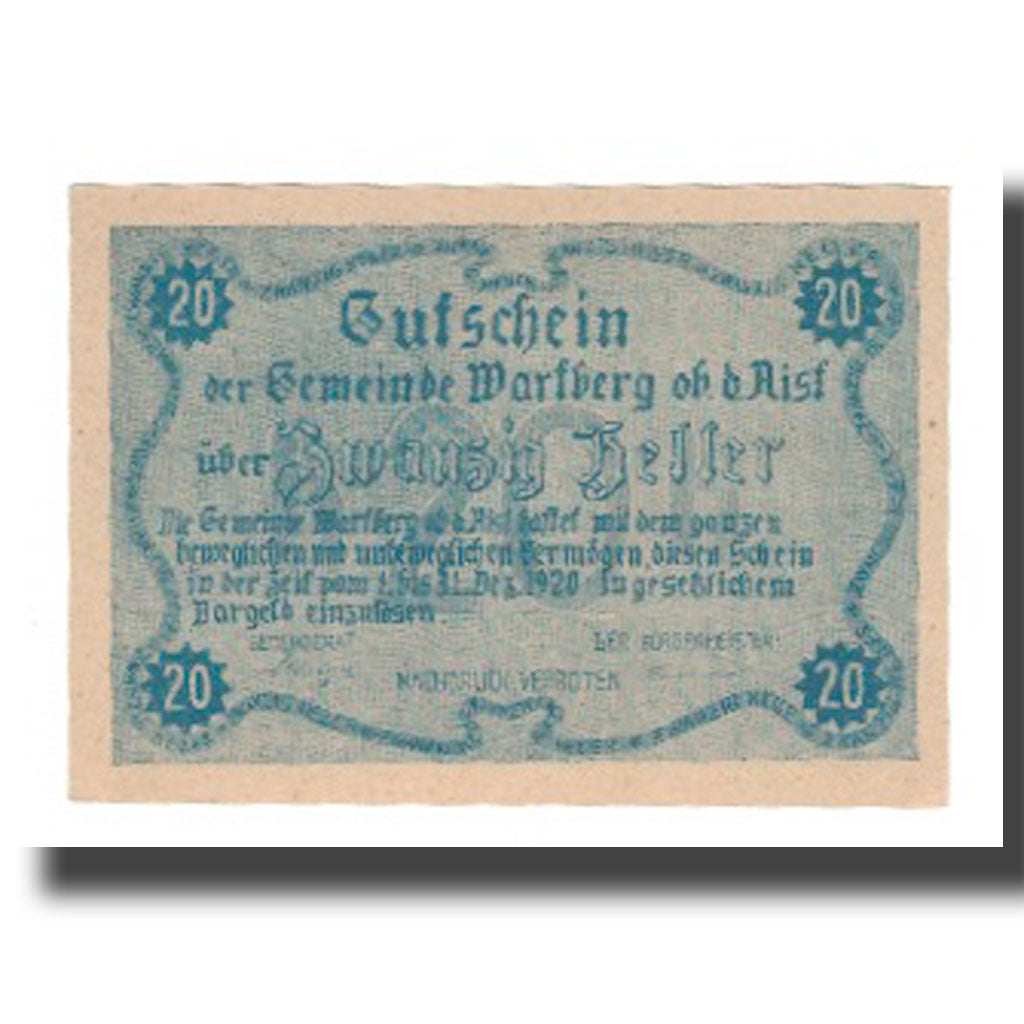 Banknote, Austria, Wartberg ob der Aist O.Ö. Gemeinde, 20 Heller, Texte, 1920