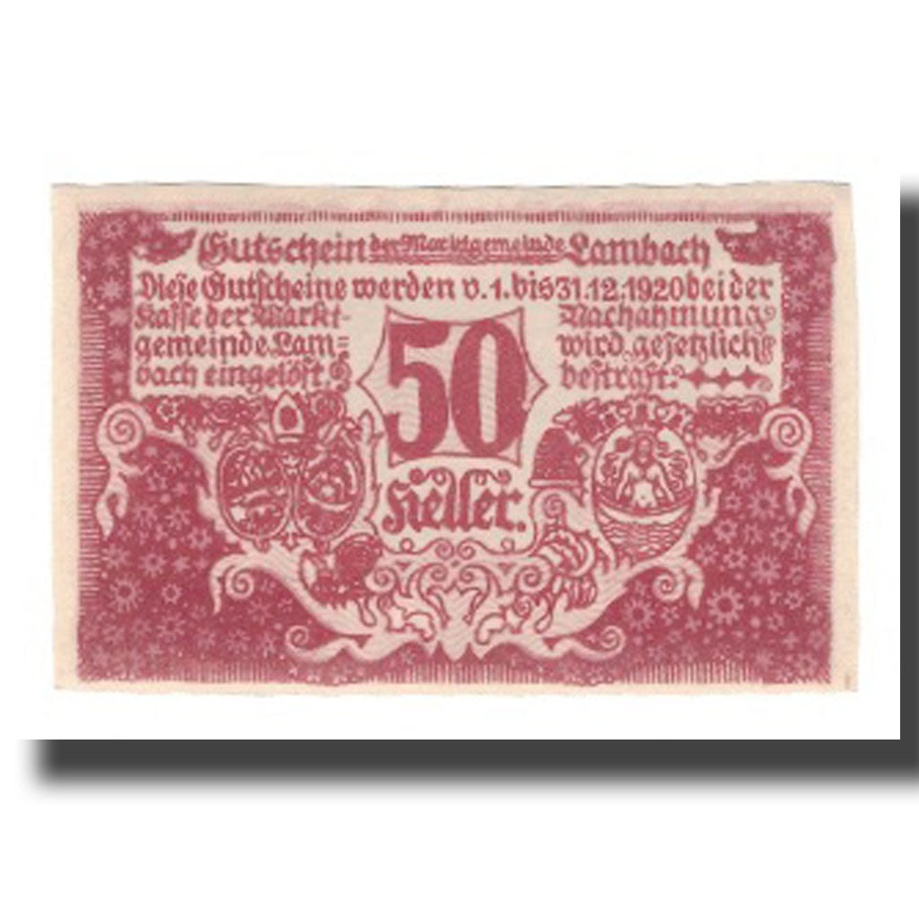 Geldschein, Österreich, Lambach O.Ö. Marktgemeinde, 50 Heller, Texte, 1920