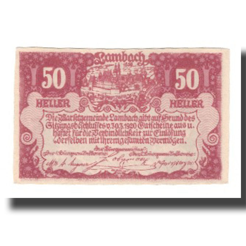 Geldschein, Österreich, Lambach O.Ö. Marktgemeinde, 50 Heller, Texte, 1920