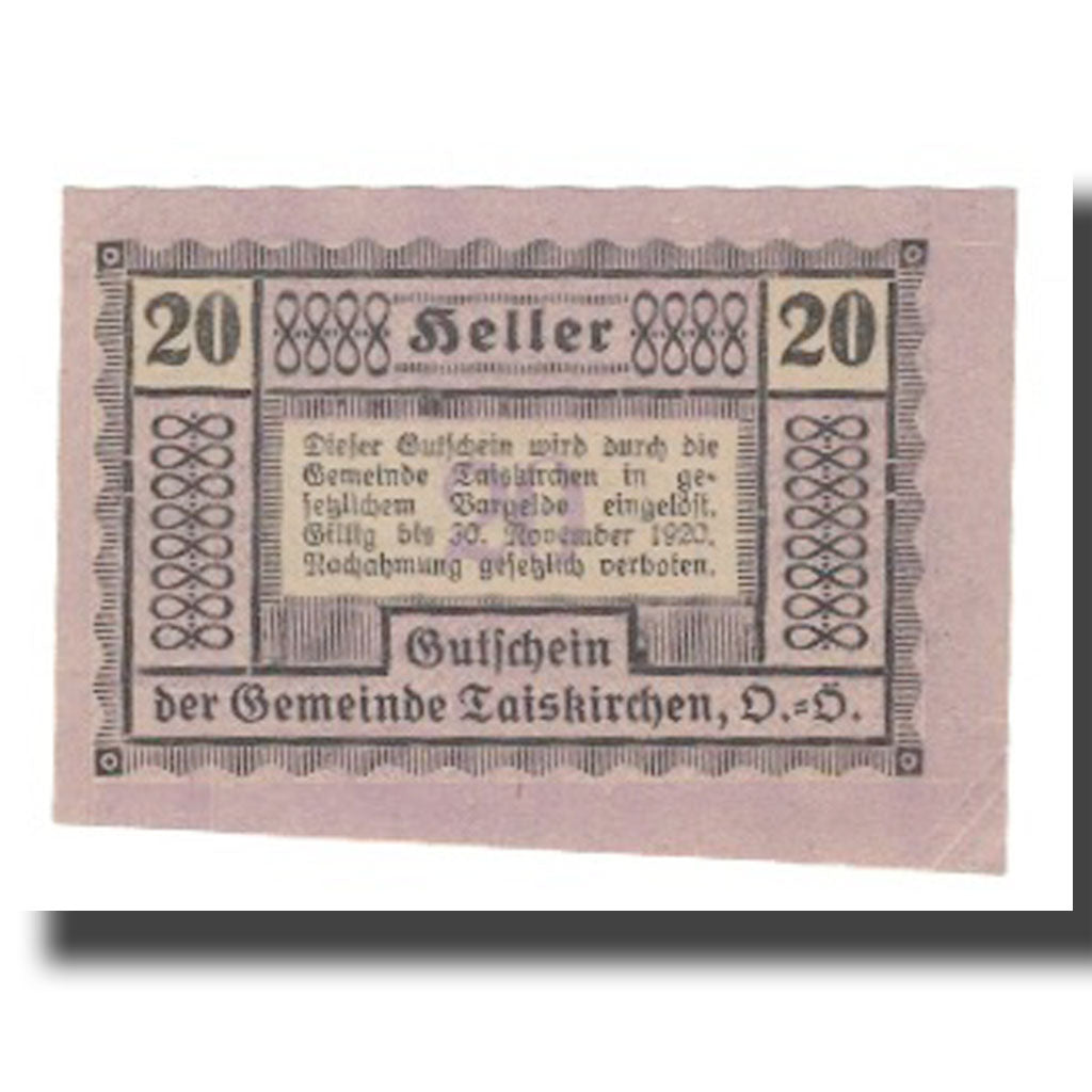 Banknot, Austria, Taiskirchen O.Ö. Gemeinde, 20 Heller, Texte, 1920