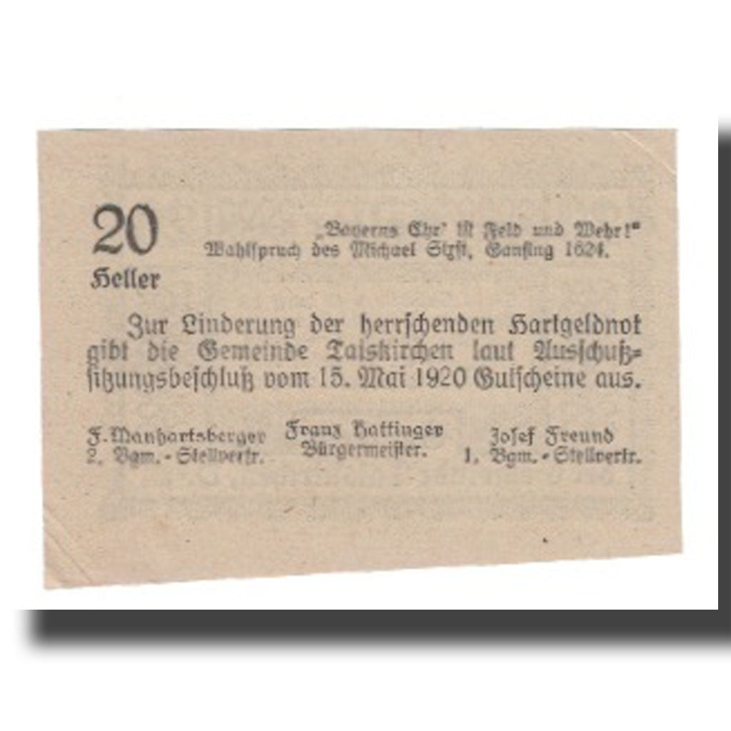 Banknot, Austria, Taiskirchen O.Ö. Gemeinde, 20 Heller, Texte, 1920