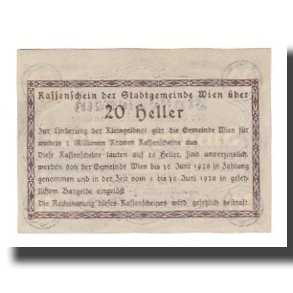 Banknote, Austria, Wien N.Ö. Stadtgemeinde, 20 Heller, Texte, 1920, 1920-06-30
