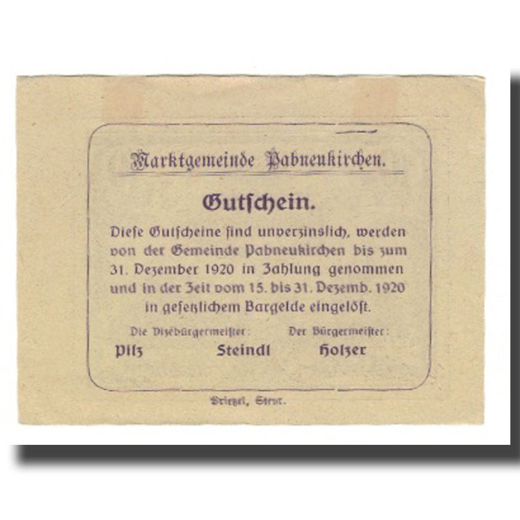 Banknot, Austria, Pabneukirchen O.Ö. Marktgemeinde, 10 Heller, Texte, 1920
