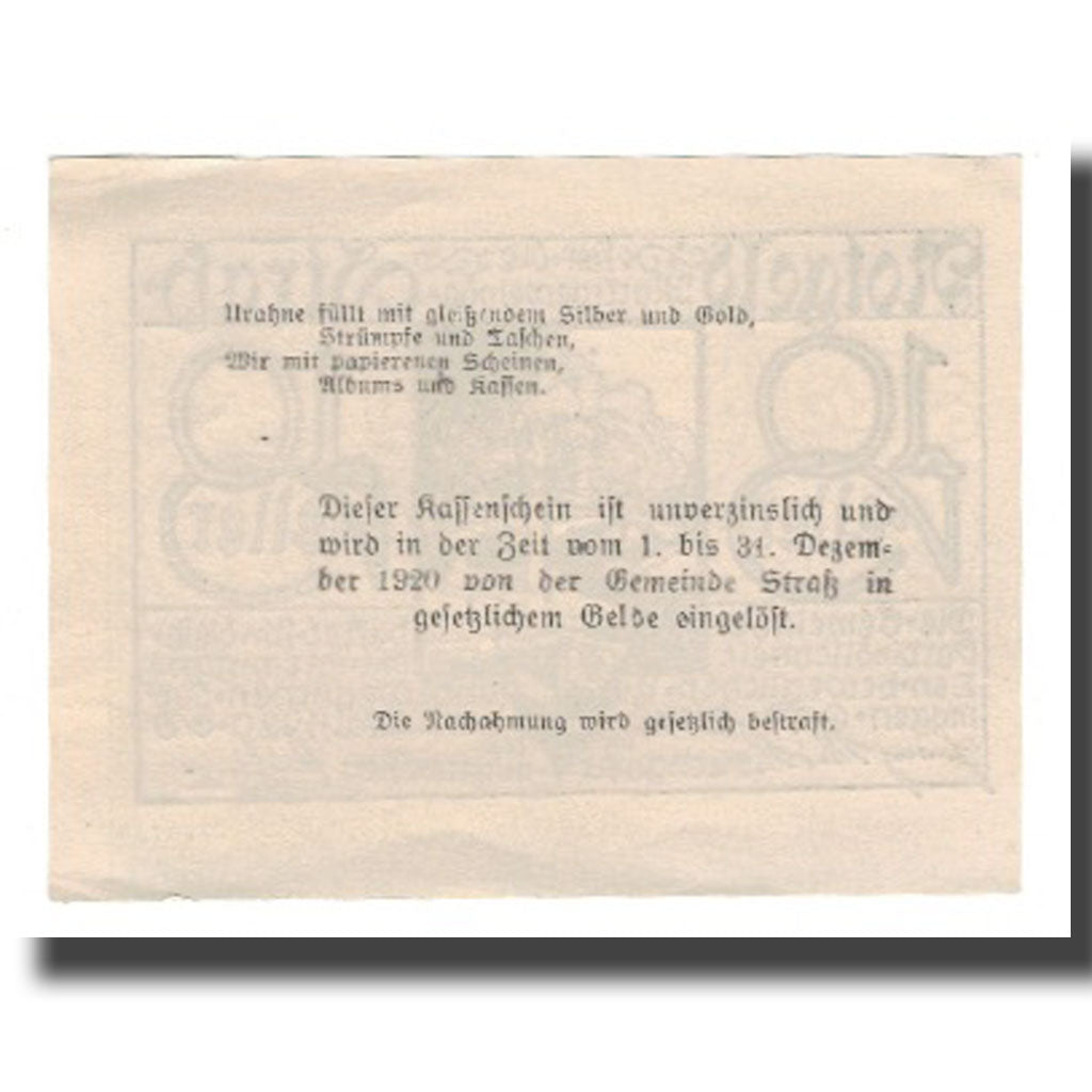 Banknot, Austria, Straß N.Ö. Marktgemeinde, 10 Heller, Texte, 1920