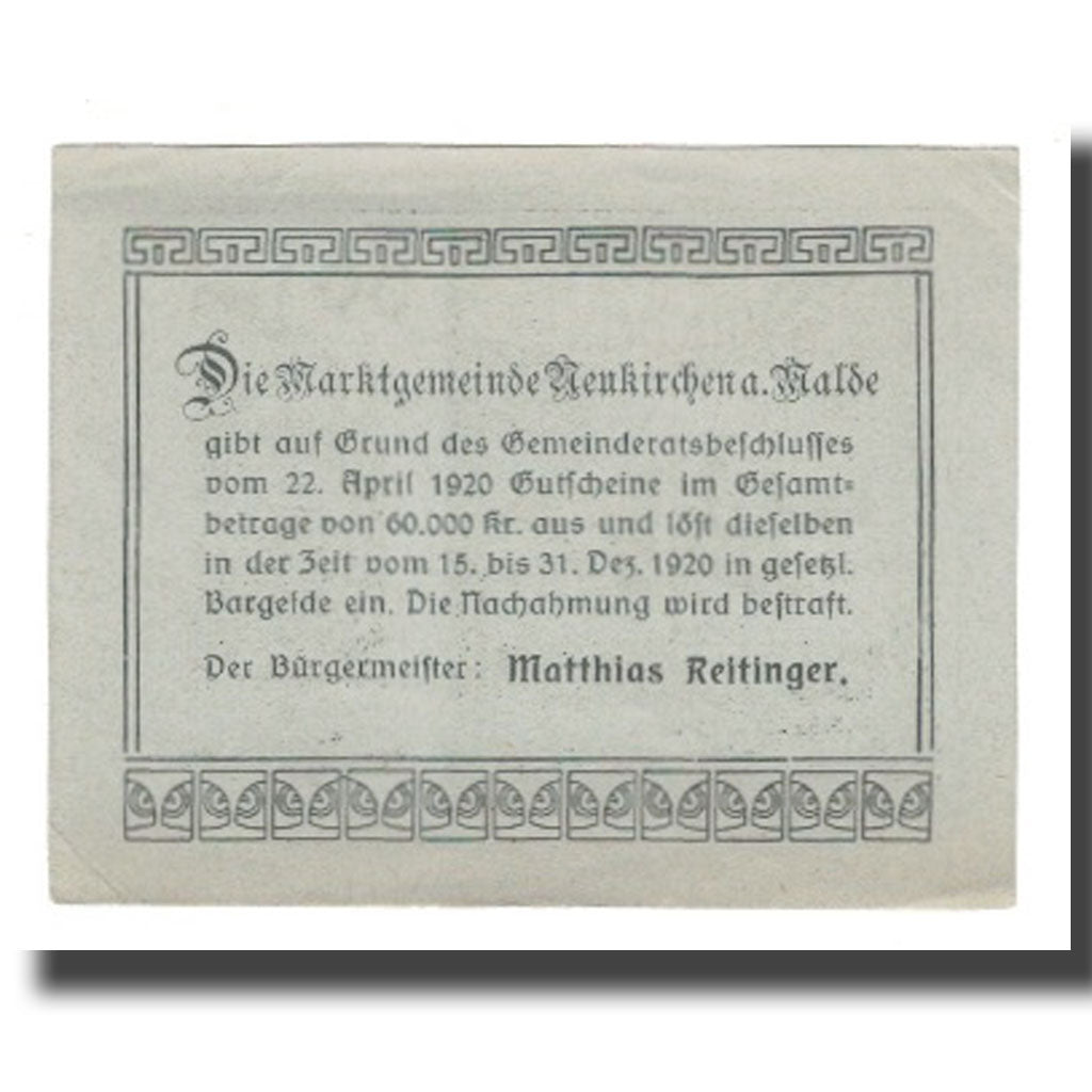 Geldschein, Österreich, Neukirchen am Walde O.Ö. Marktgemeinde, 50 Heller
