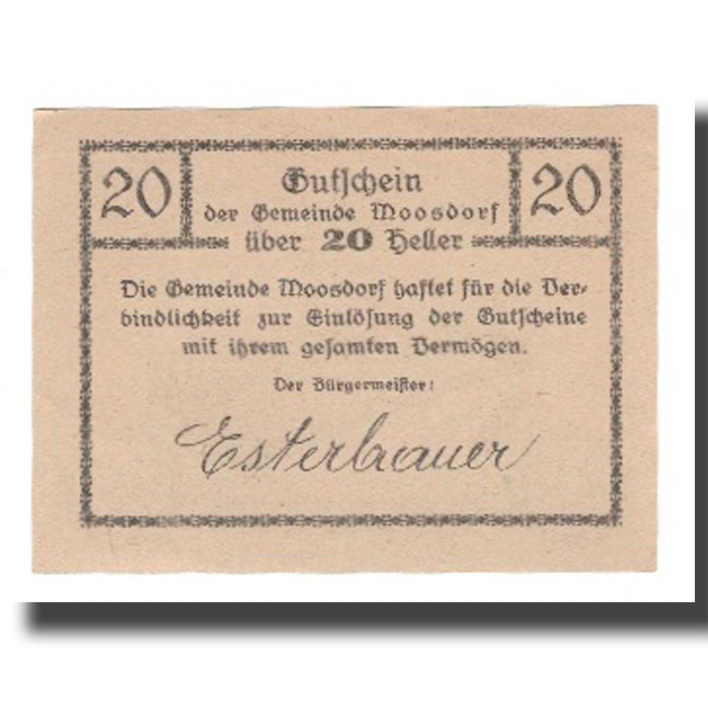 Banknot, Austria, Moosdorf, 20 Heller, Texte, 1920, 1920-12-31, AU(55-58)