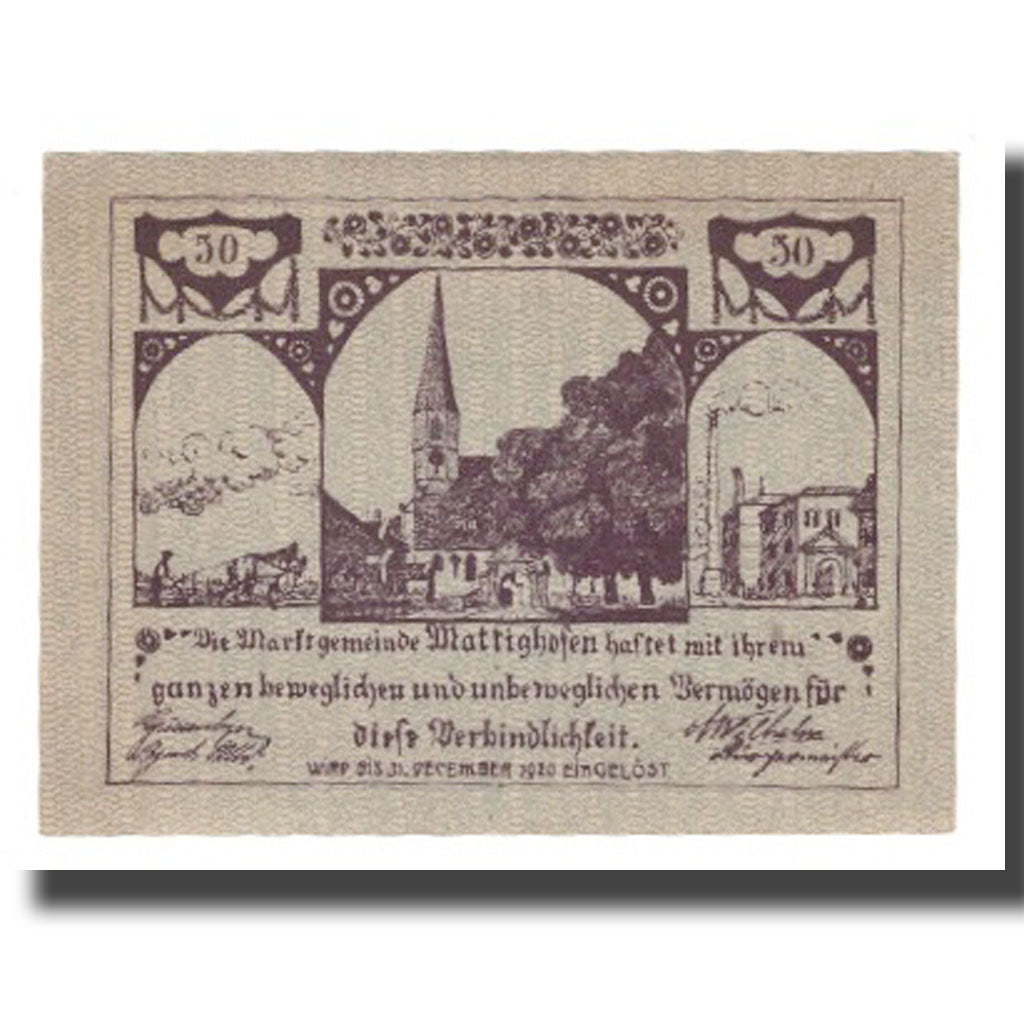 Banconote, Austria, Mattighofen O.Ö. Marktgemeinde, 50 Heller, Eglise, 1920