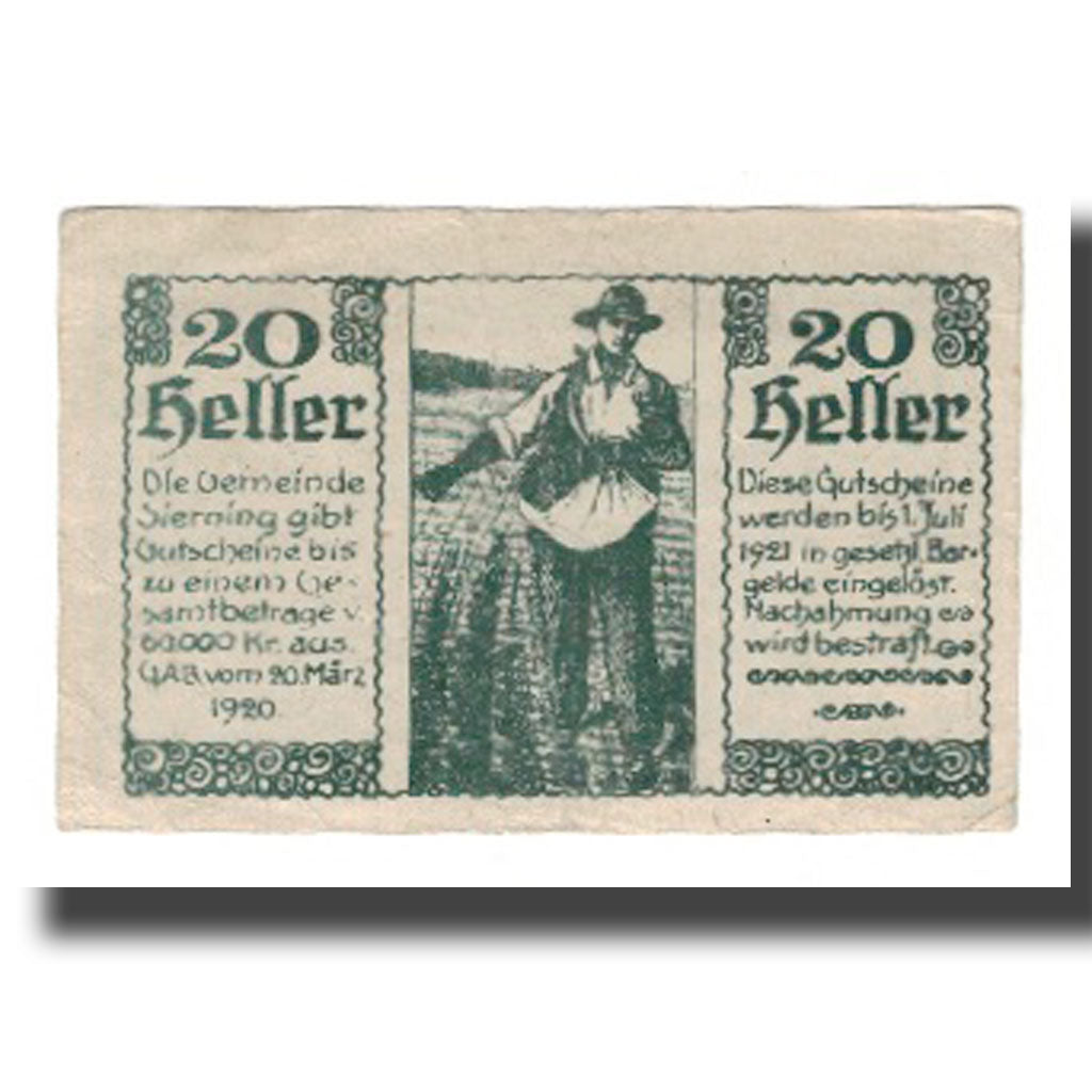 Banknot, Austria, Sierning O.Ö. Gemeinde, 20 Heller, personnage, 1921