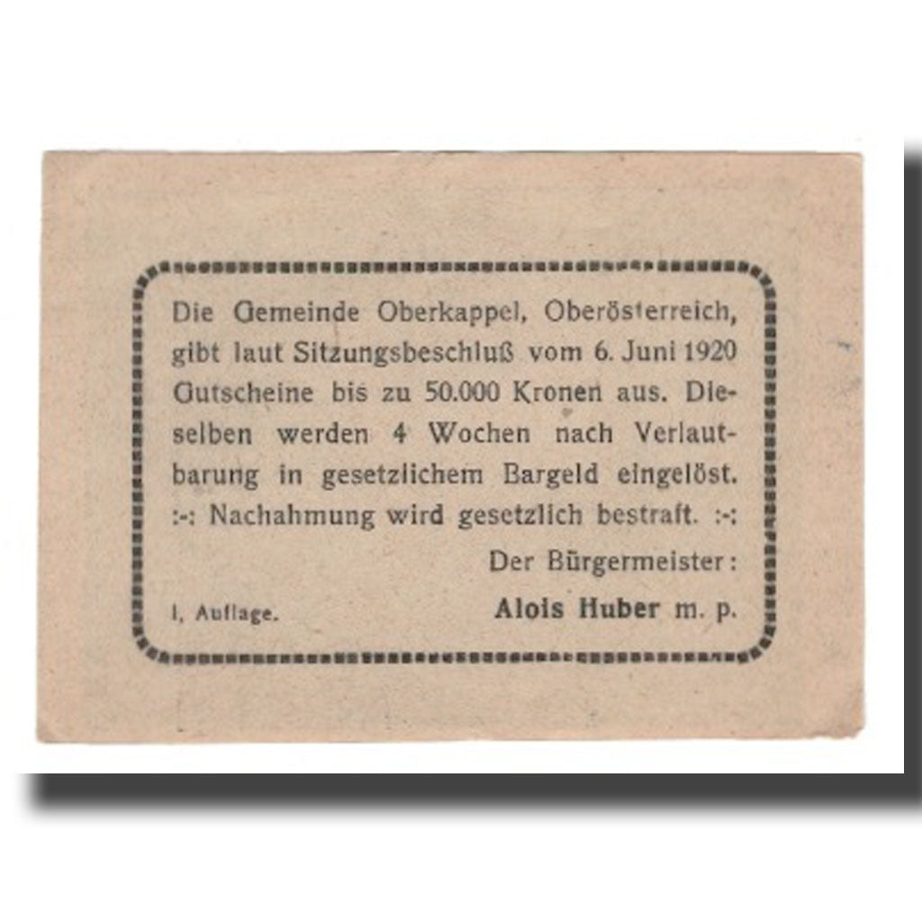 Banknot, Austria, Oberkappel O.Ö. Gemeinde, 50 Heller, Texte, 1920, Undated