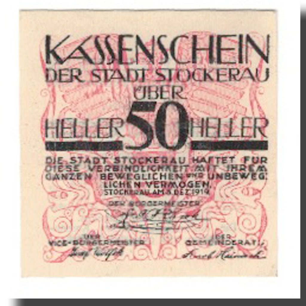 Geldschein, Österreich, Stockerau N.Ö. Stadt, 50 Heller, Texte, 1920