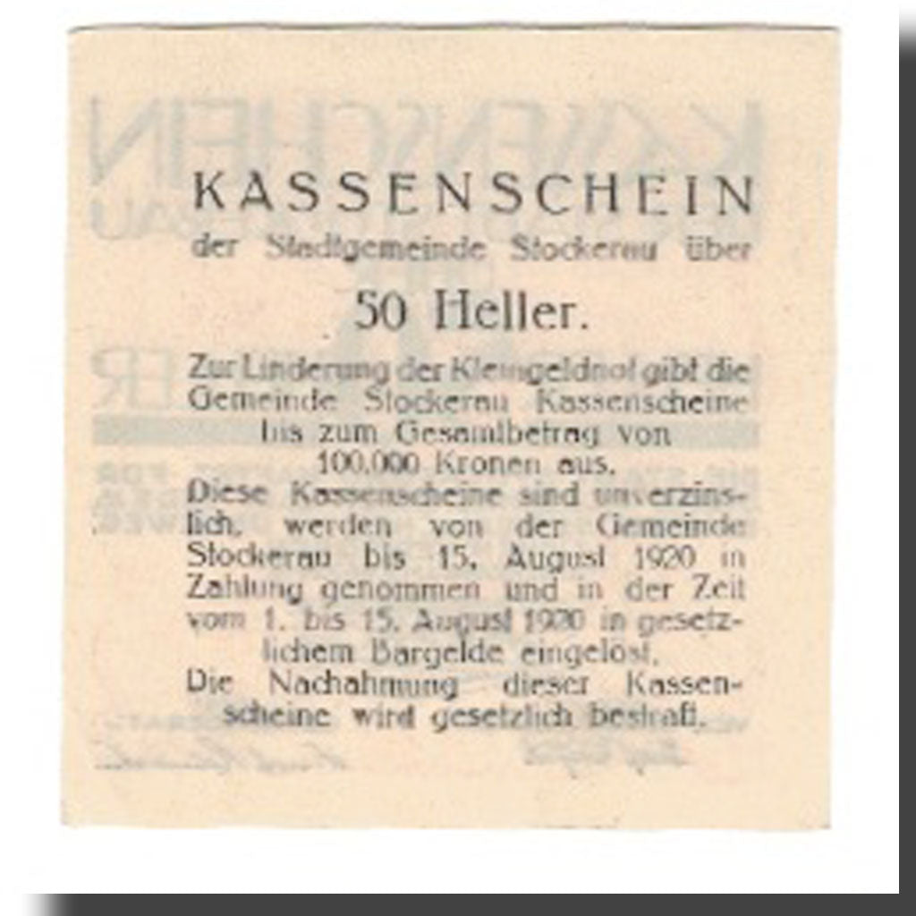 Geldschein, Österreich, Stockerau N.Ö. Stadt, 50 Heller, Texte, 1920