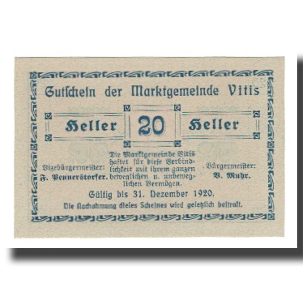 Banknot, Austria, Vitis N.Ö. Marktgemeinde, 20 Heller, Texte, 1920, 1920-12-31