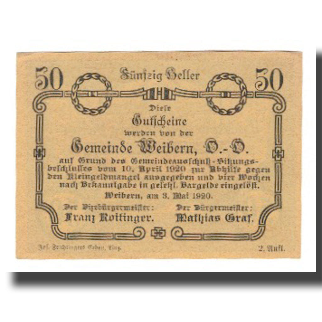 Geldschein, Österreich, Weibern O.Ö. Gemeinde, 50 Heller, Texte, 1920, VZ