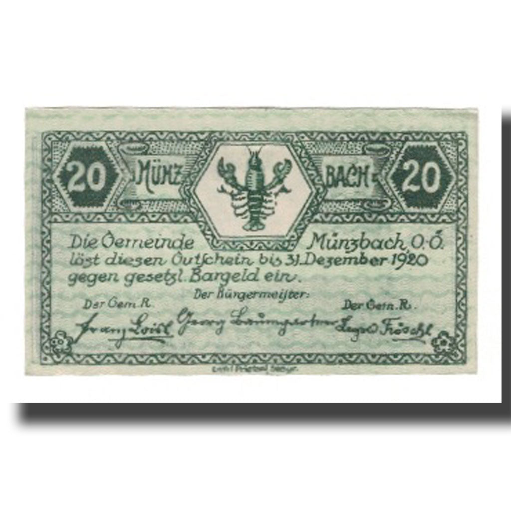 Banknot, Austria, Münzbach O.Ö. Gemeinde, 20 Heller, paysage, 1920