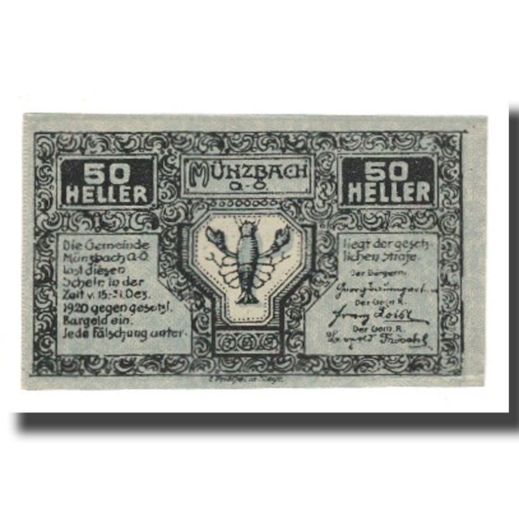 Geldschein, Österreich, Münzbach O.Ö. Gemeinde, 50 Heller, rue, 1920