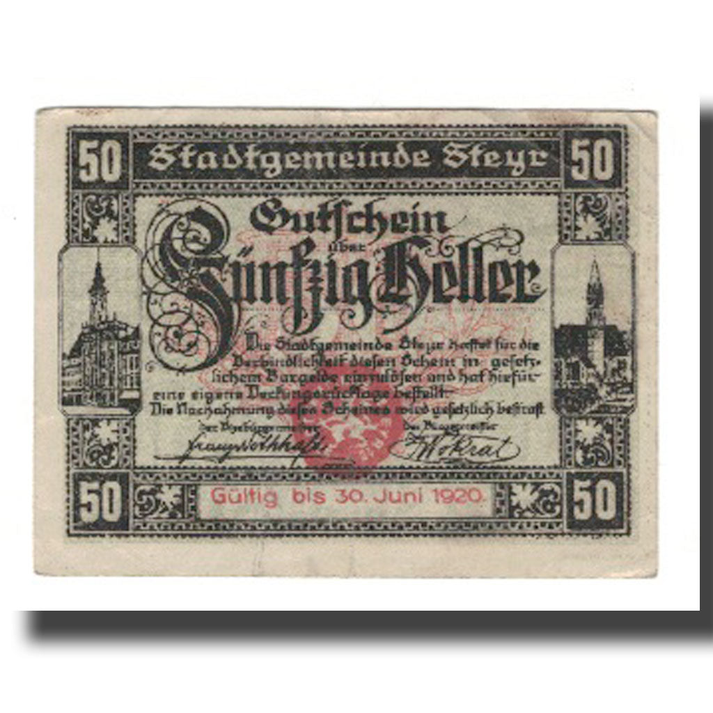 Banconote, Austria, Steyr O.Ö. Stadtgemeinde, 50 Heller, Armoiries, 1920