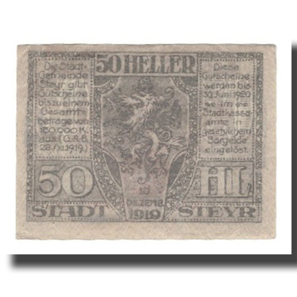 Banconote, Austria, Steyr O.Ö. Stadtgemeinde, 50 Heller, Armoiries, 1920
