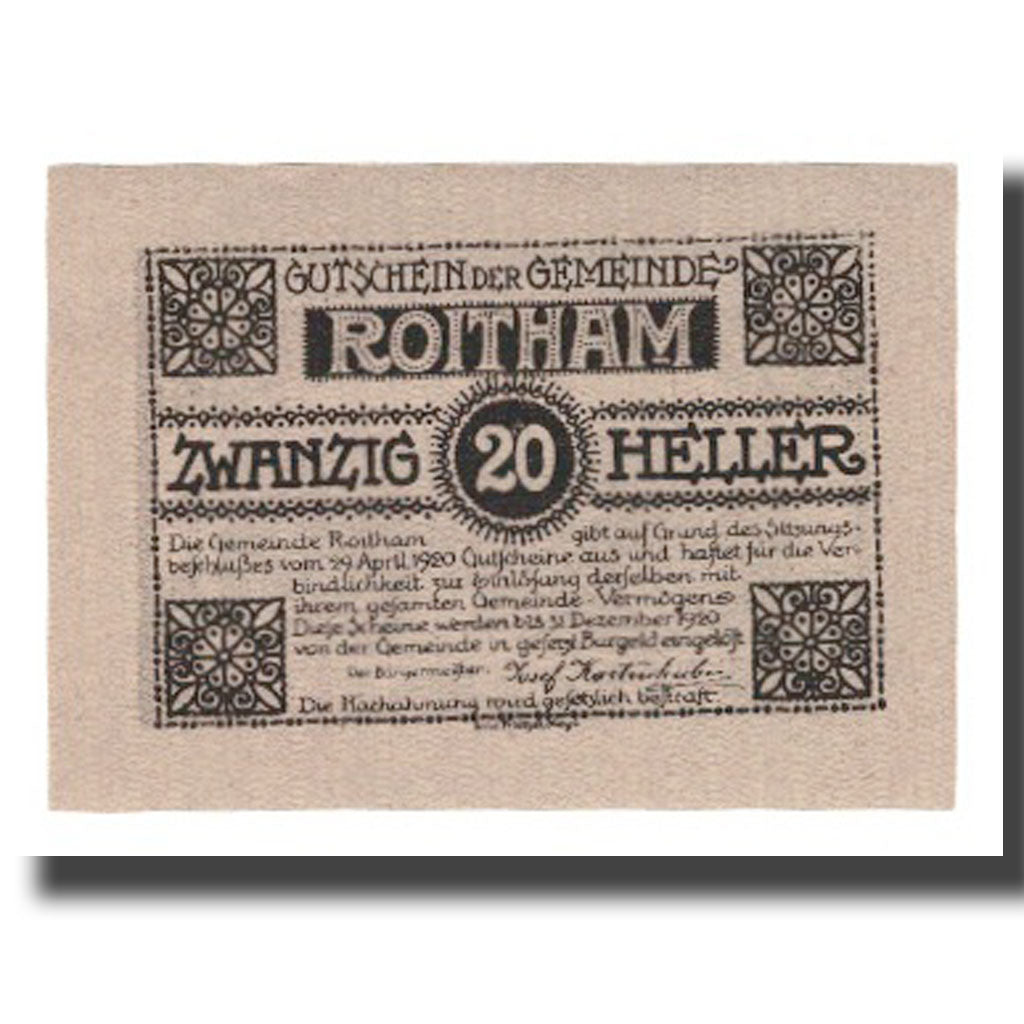 Geldschein, Österreich, Roitham O.Ö. Gemeinde, 20 Heller, paysage, 1920