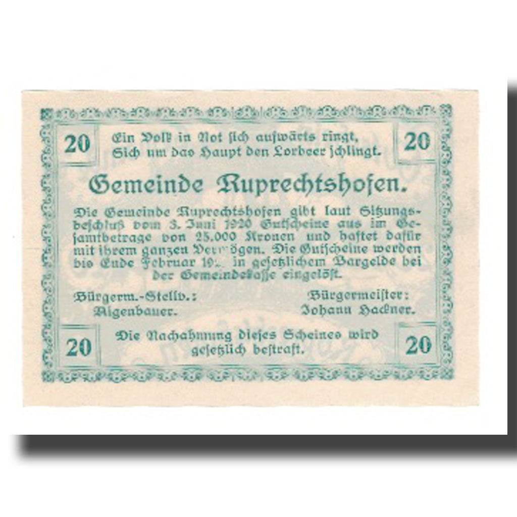 Geldschein, Österreich, Ruprechtshofen, 20 Heller, texte 1, 1921, VZ, Mehl:FS